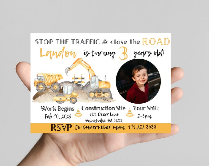 Close the road construction theme Birthday Invitation, join our crew to celebrate the birthday boy, dump truck, excavator, bulldozer, dirt