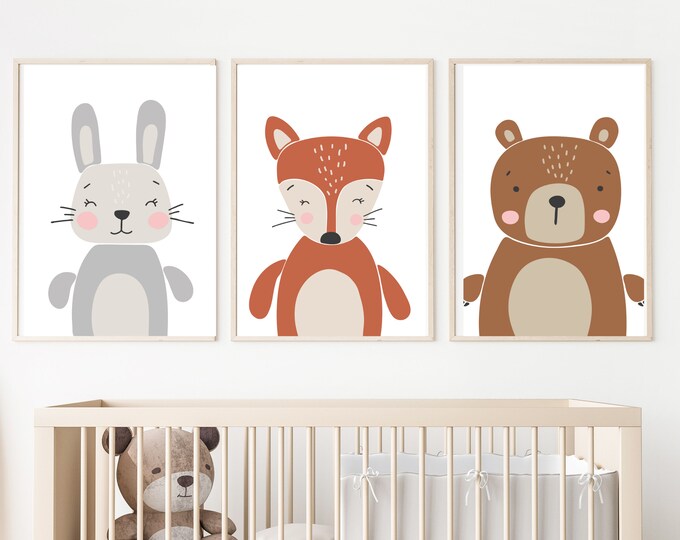 boho woodland animal nursery wall art decor, bunny, fox, bear, gender neutral, nursery room,11x14, set of 3 digital prints included.