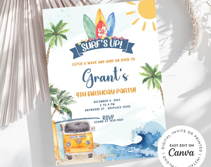Catch the big ONE surfing our little dude’s first birthday invitation, surf theme, waves, beach, surfboards, ocean waves, customizable