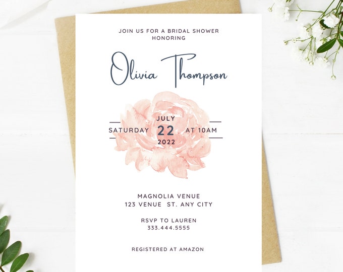 light pale pink floral and greenery bridal shower invitation, Wedding, simple, minimalist, printable, editable, instant download template