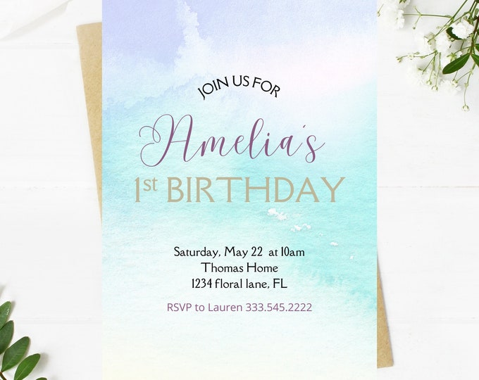 first birthday girl invitation, watercolor, minimalist, beautiful, first birthday party invitation, wildflower field