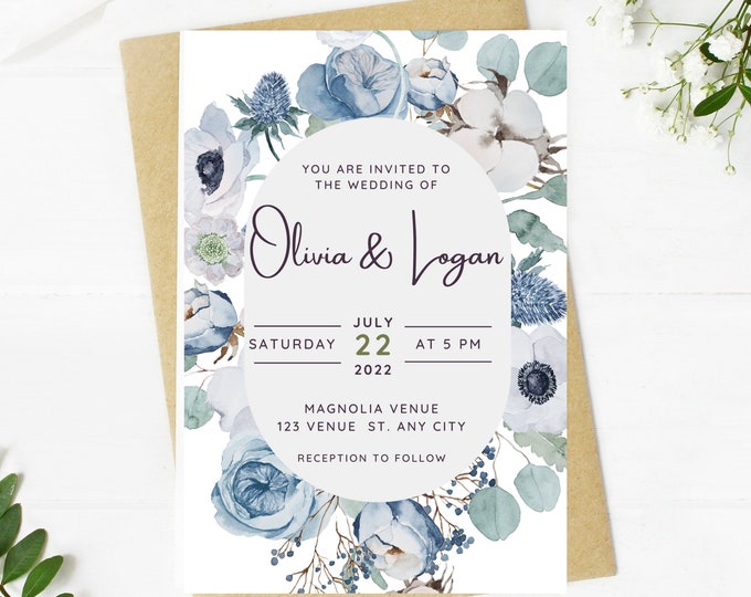 Beautiful Wedding invitation, dusty blue floral, Wedding, blue floral, navy, printable, editable, instant download template, e-card, Bridal
