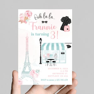 Bonjour! Parisian Eiffel Tower, Paris cafe themed,girl 1st birthday invitation, edit to any age, macaroons, girl birthday, digital,printable