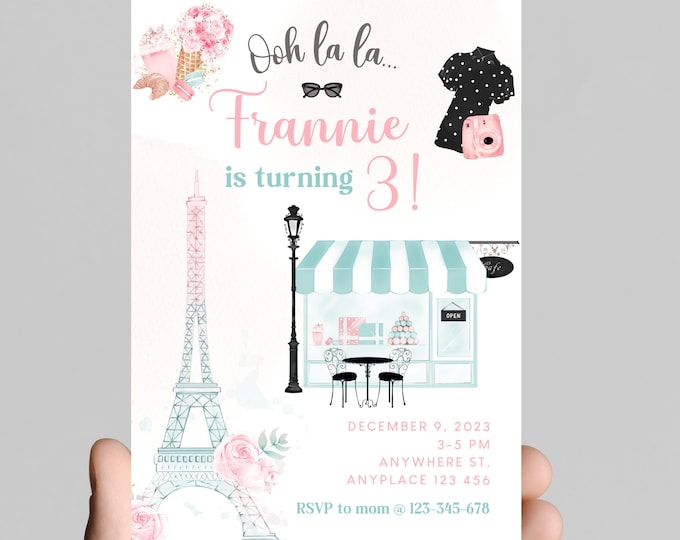 Bonjour! Parisian Eiffel Tower, Paris cafe themed,girl 1st birthday invitation, edit to any age, macaroons, girl birthday, digital,printable