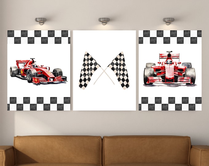 Race cars wall art, checkered flag, race way, need for speed, boy room, 11x14 set of 3 printables included