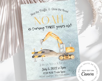 Construction theme Birthday Invitation, Excavator Invite,Stop the traffic and close the road, dump truck, excavator, bulldozer, dirt, trucks