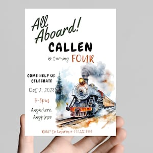 Todos a bordo del tren de cumpleaños, invitación de cumpleaños con tema de tren chu chu, ferrocarril, vías del tren, todos a bordo, vías del tren, tren del cumpleañero