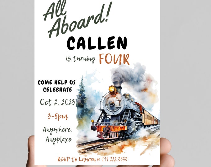All aboard the birthday train, choo choo train theme birthday invitation, railroad, railway, all aboard, train tracks, birthday boy train