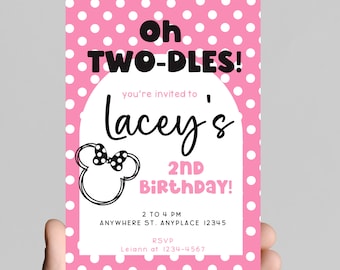 Oh twodles! Minnie Mouse birthday invitation, oh toodles Minnie Mouse 2nd birthday, little girl birthday party, customizable