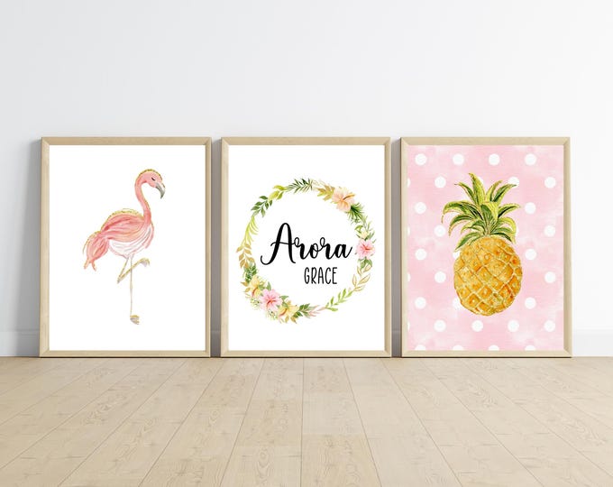 Flamingo wall art, girl nursery bedroom wall decor, flamingo, pineapple, gold glitter, tropical, 11x14, set of 3