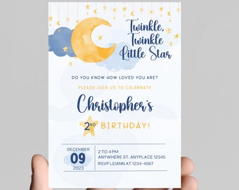Twinkle twinkle little Star! Space theme boy 2nd birthday invitation, astronaut, outer space, rocket, edit and printable, digital