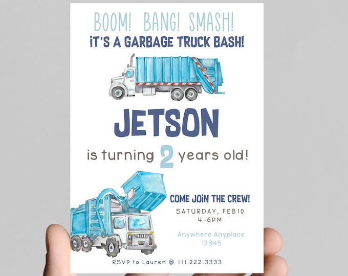 Boom, bang, crash, Garbage truck theme birthday Invitation, rubbage truck, recycle truck, celebrate the birthday boy! Editable, printable