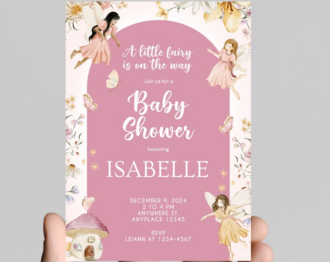 Fairy theme girl baby shower invitation, whimsicle, pink and gold glitter, come celebrate mom to be