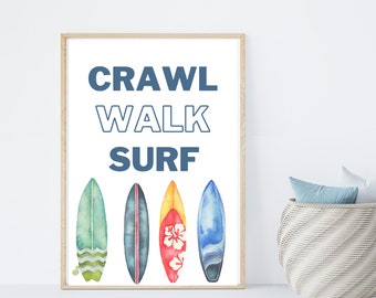 Crawl Walk Surf, Surfing Themed Wall Art for Nursery Room, Coastal, Seaside, Beach, Wall Decor, Gender neutral decor, beach baby decoration