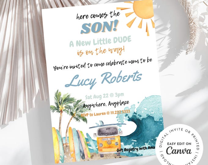 Surfing Baby Shower for Baby Boy, Here Comes the Son,  Surfer Invitation, Coastal, Surf Board, Summer, Retro, Beach E-invite, Printable