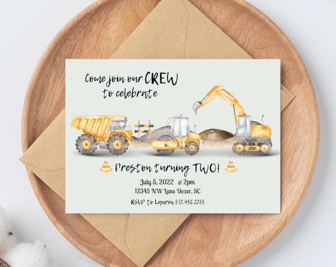 Construction theme Birthday Invitation, join our crew to celebrate the birthday boy, dump truck, excavator, bulldozer, dirt, trucks