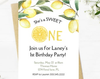 Lemon 1st Birthday Invitation, Sweet ONE, Summer Theme (Instant Download)