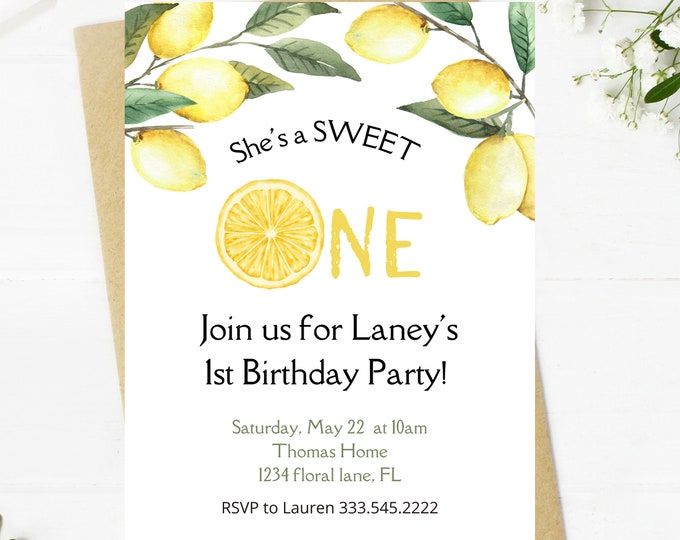 She's a sweet ONE first birthday themed lemon lemonade birthday invitation themed girl birthday party, lemons, sweet girl, first birthday