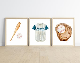 Baseball theme, room decor wall art, baseball glove, sports, 11x14, set of 3 prints with optional addition of child's name, digital download