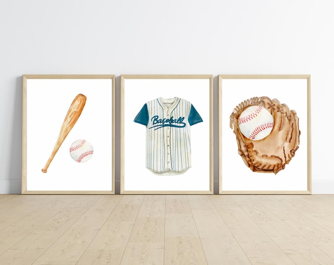 Baseball theme, room decor wall art, baseball glove, sports, 11x14, set of 3 prints with optional addition of child's name, digital download