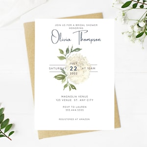 Beautiful white floral and greenery bridal shower invitation, Wedding, simple, minimalist, printable, editable, instant download template