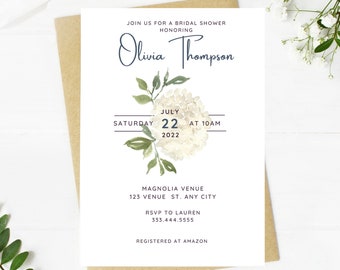 Beautiful white floral and greenery bridal shower invitation, Wedding, simple, minimalist, printable, editable, instant download template