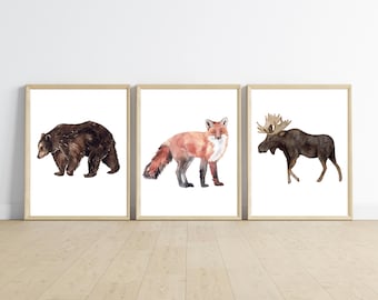woodland forest animal nursery wall art decor, moose, fox, bear, baby boy nursery room,11x14, set of 3 digital prints included.