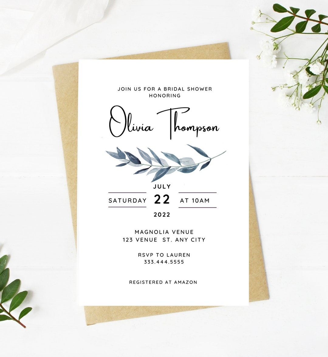 Beautiful Dusty Blue Bridal Shower Invitation, Floral, Wedding, Simple ...