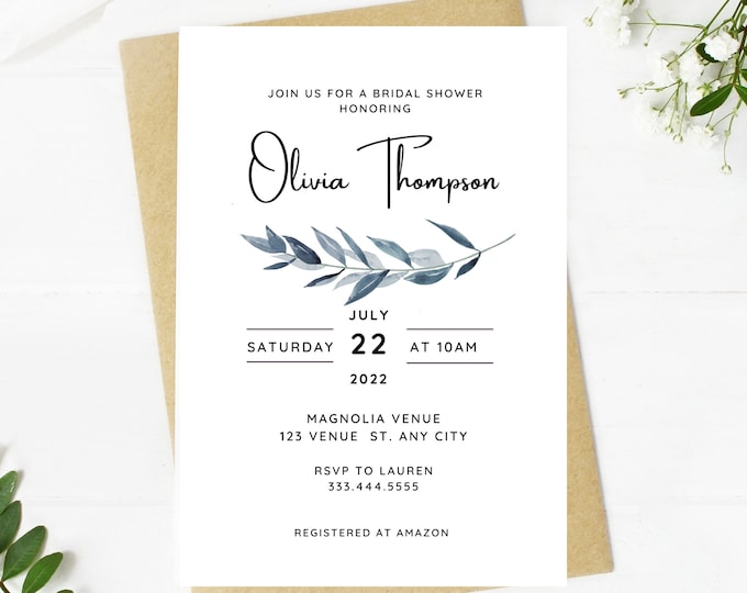 Beautiful dusty blue bridal shower invitation, floral, Wedding, simple, minimalist, printable, editable, instant download template