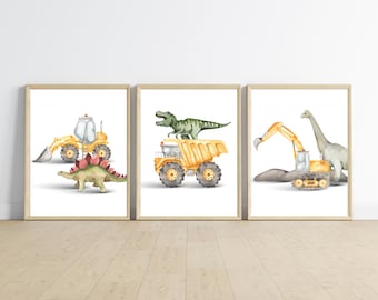 Construction Trucks and Dinosaur Wall Art Set: Boy's Bedroom Decor, Excavator, dump truck, bulldozer and T-Rex Digital Prints