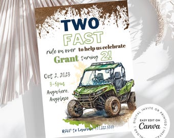 Two Fast ATV side by side theme 2nd birthday boy invitation, rev your engine shift into gear, dirt, mud, printable, digital