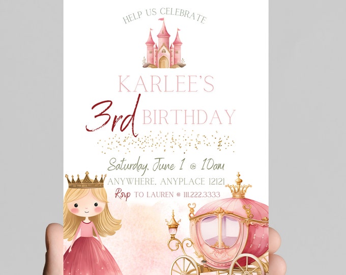 Princess theme birthday invitation, Princess castle, carriage, gold glitter, pink Princess, little girl birthday party, customizable