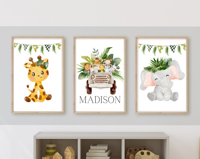 safari animals nursery wall art,  jeep buggy, zoo animals, customize the name, explore, digital download, printable wall decor, baby girl