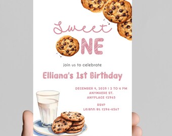 sweet one! Milk and cookies theme 1st birthday invitation, bakery sweets themed invitation for little one, chocolate chip cookies, printable