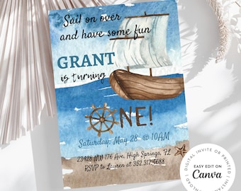 Sail on over and have some fun, Sailor Boy Party, Grant is turning ONE! invitation, nautical, sailboat, ocean, beach, anchors, baby boy