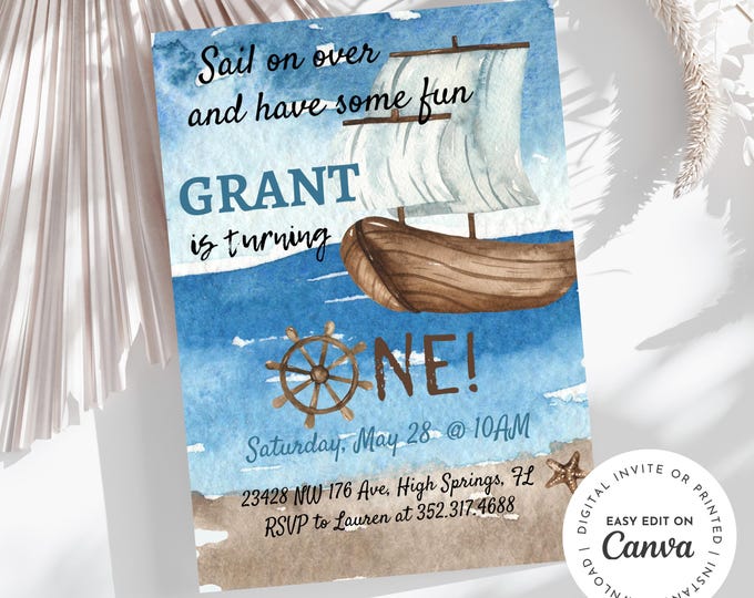 Sail on over and have some fun, Sailor Boy Party, Grant is turning ONE! invitation, nautical, sailboat, ocean, beach, anchors, baby boy