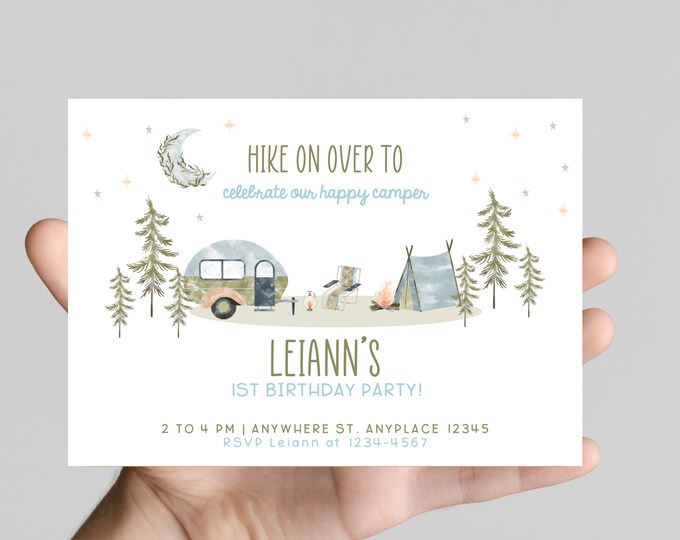 ONE happy camper theme 1st birthday party invitation, camping, camper, adventure, boy first birthday, printable, digital