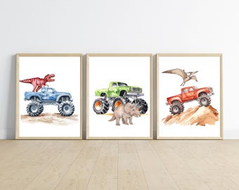 Monster trucks and dinosaur theme room decor, boy bedroom wall art, monster truck and t-Rex dinosaur, set of 3 digital download