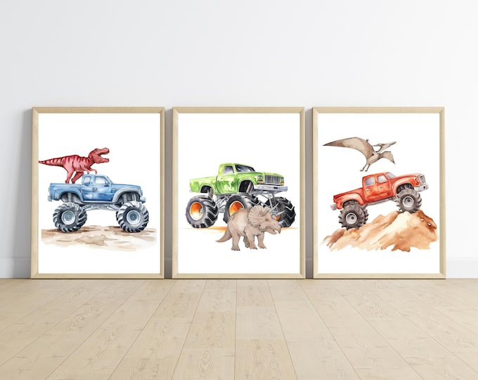 Monster trucks and dinosaur theme room decor, boy bedroom wall art, monster truck and t-Rex dinosaur, set of 3 digital download