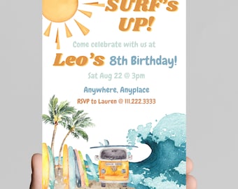 Surfing Birthday Invitation, Gnarly Dude, Island Theme (Digital Download)