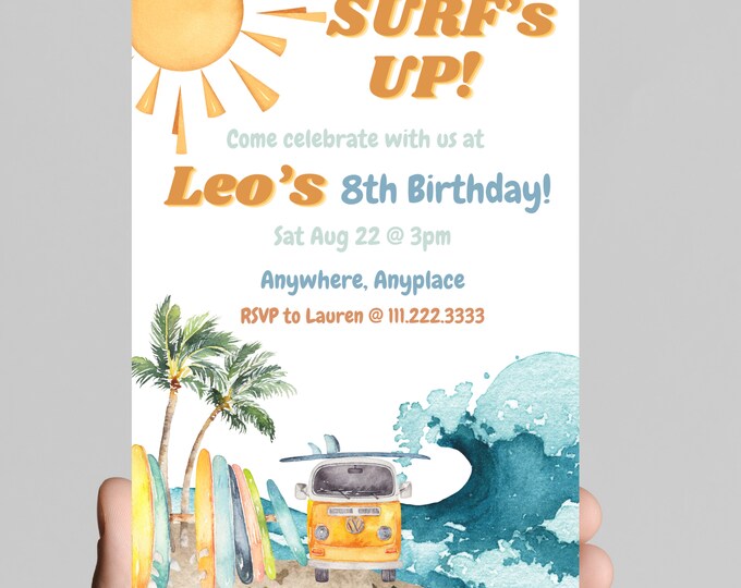 Surf’s up! surfing theme birthday invitation, gnarly dude, island time, waves, beach, surfboards, ocean waves, customizable