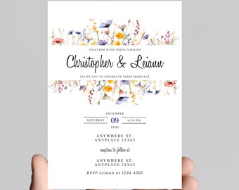 Beautiful wildflower Wedding invitation, simple, minimalist, printable, editable, instant download template