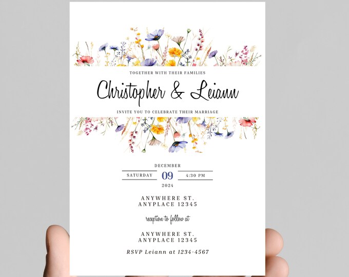 Beautiful wildflower Wedding invitation, simple, minimalist, printable, editable, instant download template