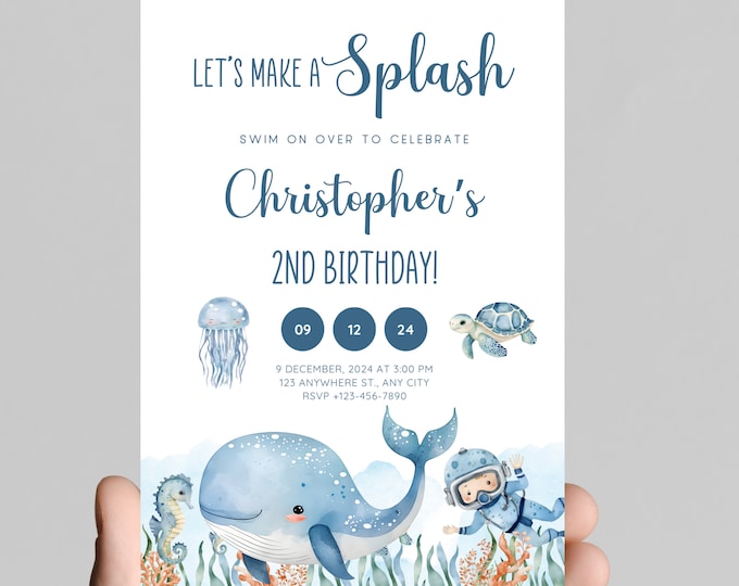 Under the sea theme boy birthday party invitation, blue ocean animals, splish splash, edit to any age, deep sea, ocean