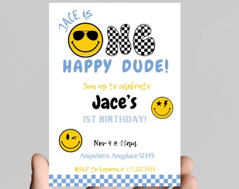 Happy Dude 1st Birthday Invitation, Smiley Face, Notorious One (Digital, Printable)