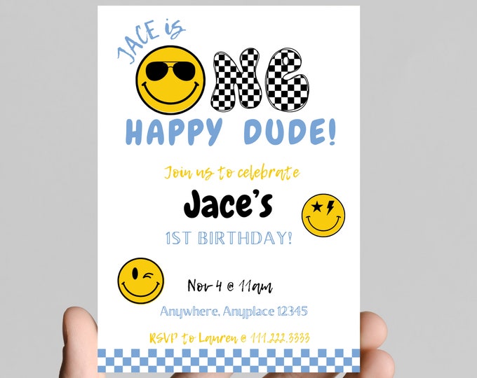 ONE happy dude, baby boy 1st birthday party invitation, black and white, smiley face, sunglasses, notorious one,editable, printable, digital