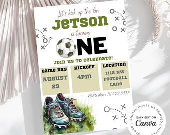 soccer first birthday invitation, futbol, football, turning one birthday invitation, first birthday party, boy birthday, goal, customizable