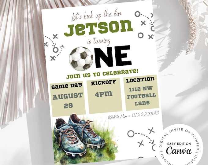 soccer first birthday invitation, futbol, football, turning one birthday invitation, first birthday party, boy birthday, goal, customizable
