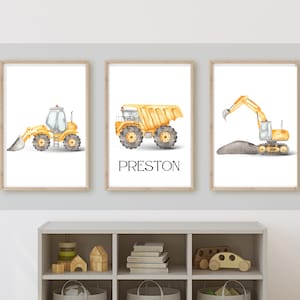 Construction truck room decor with NAME, wall art, dump truck, excavator, bulldozer, 11x14, set of 3 prints customizable, frame not included