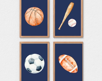 Sports theme bedroom wall art, baseball, basketball, soccer ball, football, navy background, set of 4 digital download prints